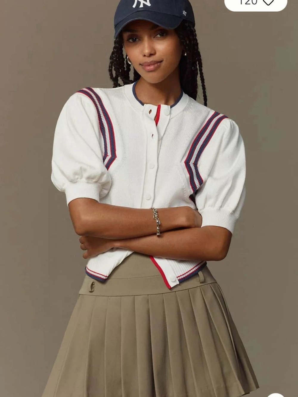 Anthro Maeve White Puff Sleeve Button Cardigan with Navy & Red Trim